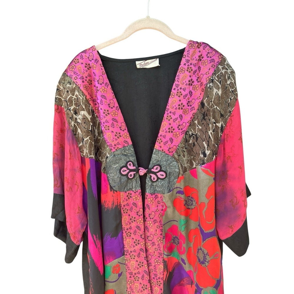 VTG Sterling Styles Patchwork Kimono Jacket Art Silk Cherub Floral Boho One Size - Picture 3 of 8